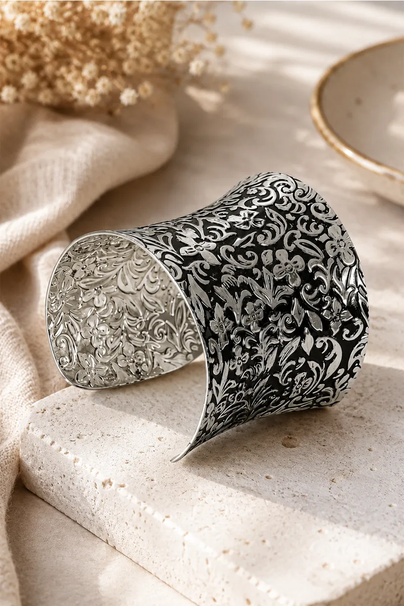 Oxidized Silver Cuff Bracelet Bangle for Girls & Women
