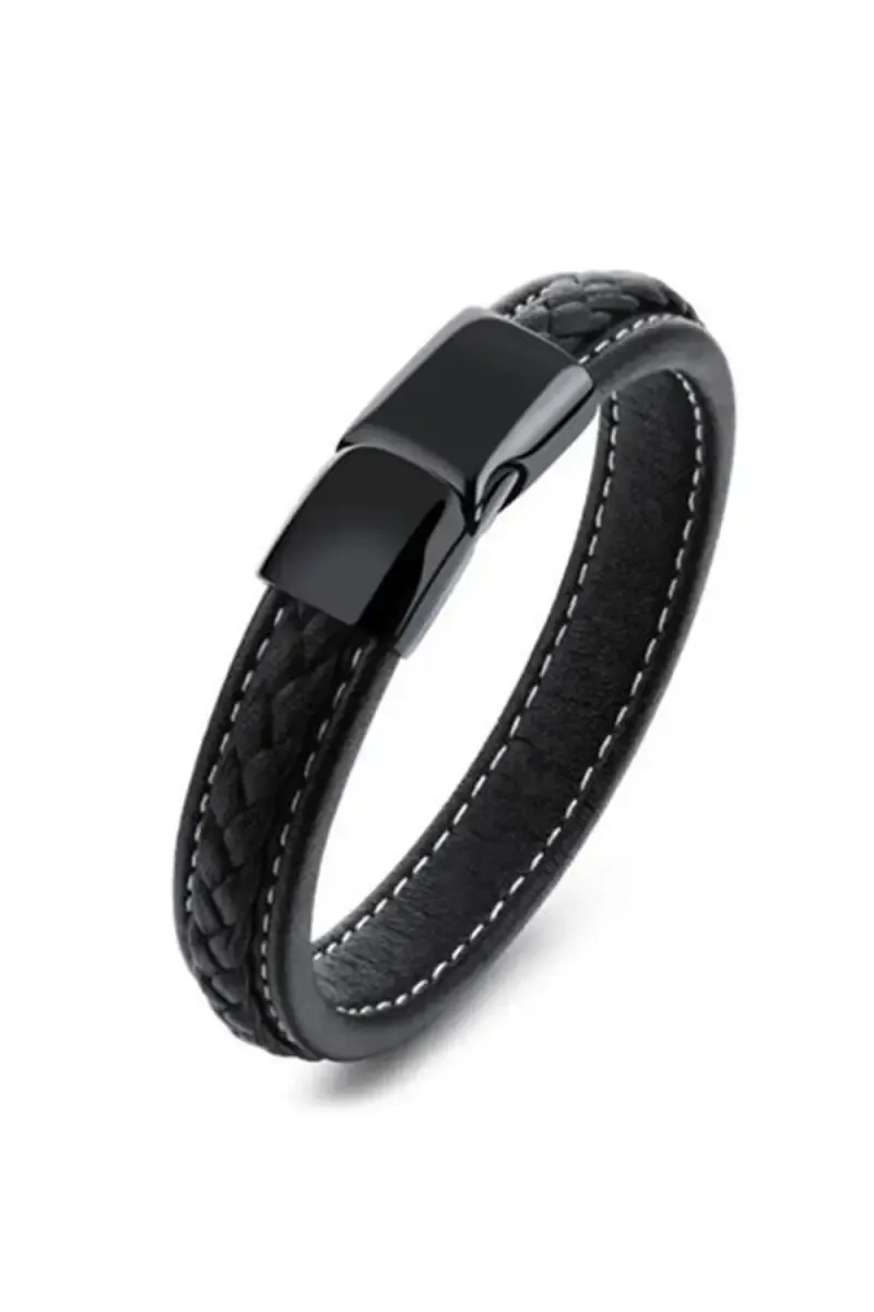 Men's Black Braided Leather Bracelet with Magnetic Clasp