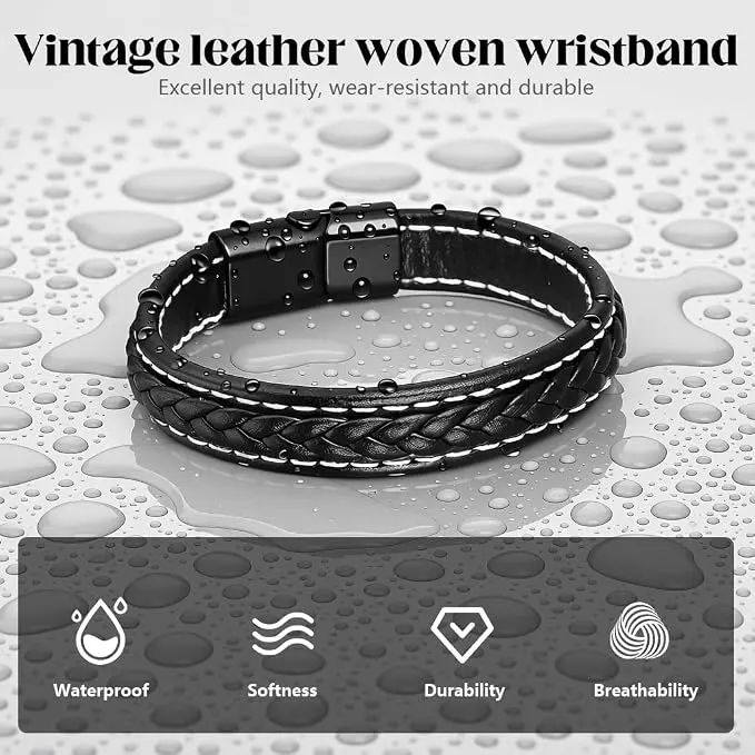 Buy Men's Black Braided Leather Bracelet with  | Bracelets