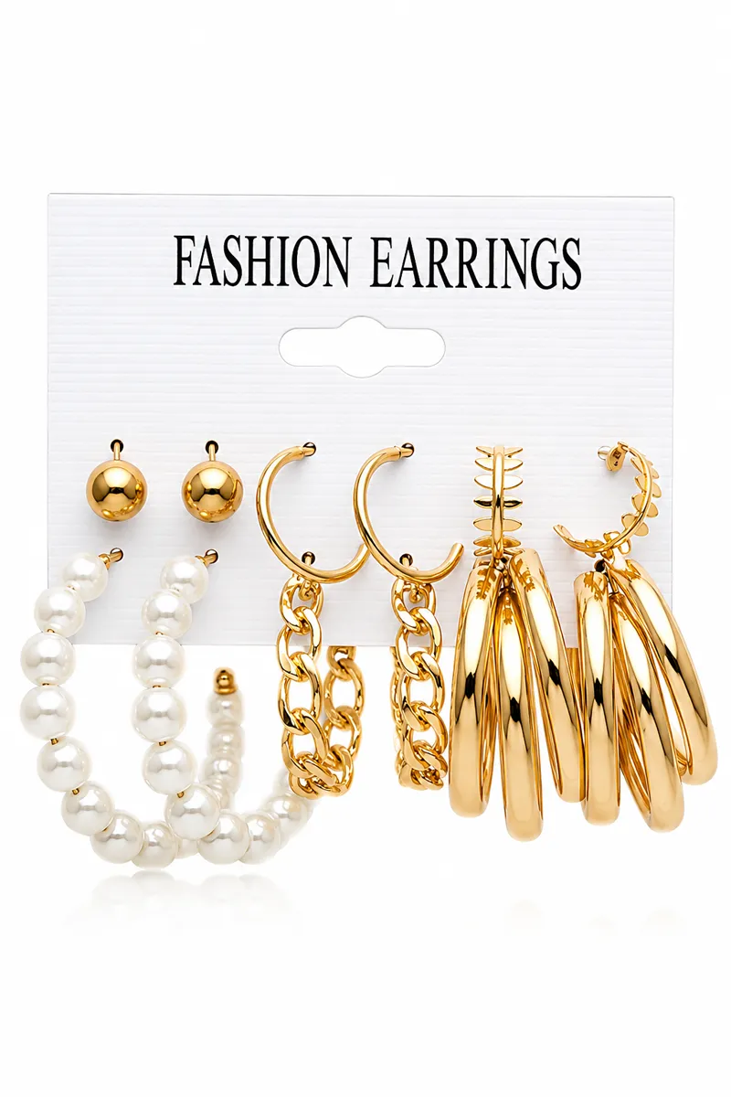 Set of 6 Gold Plated Stud & Hoop Earrings for Girls & Women
