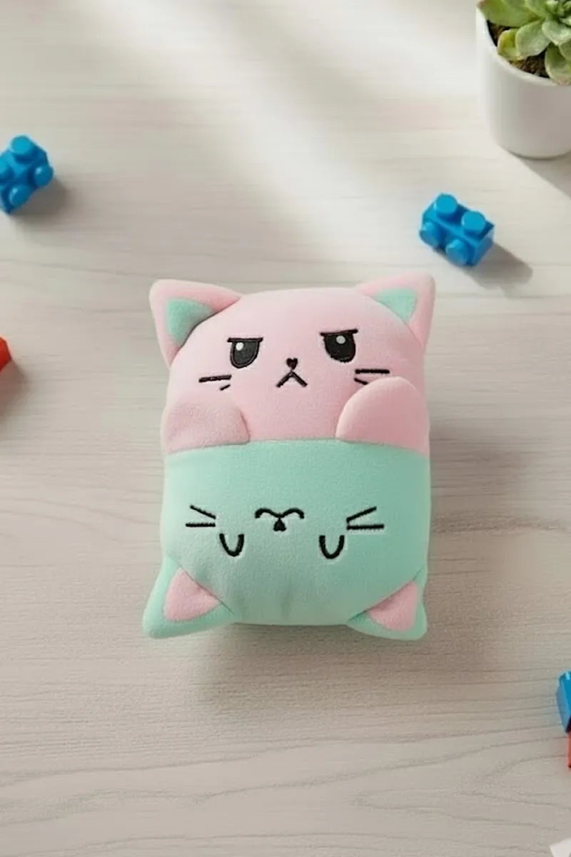 2 In 1 Teddy & Cat Reversible Stuffed Toy (Green - Pink)