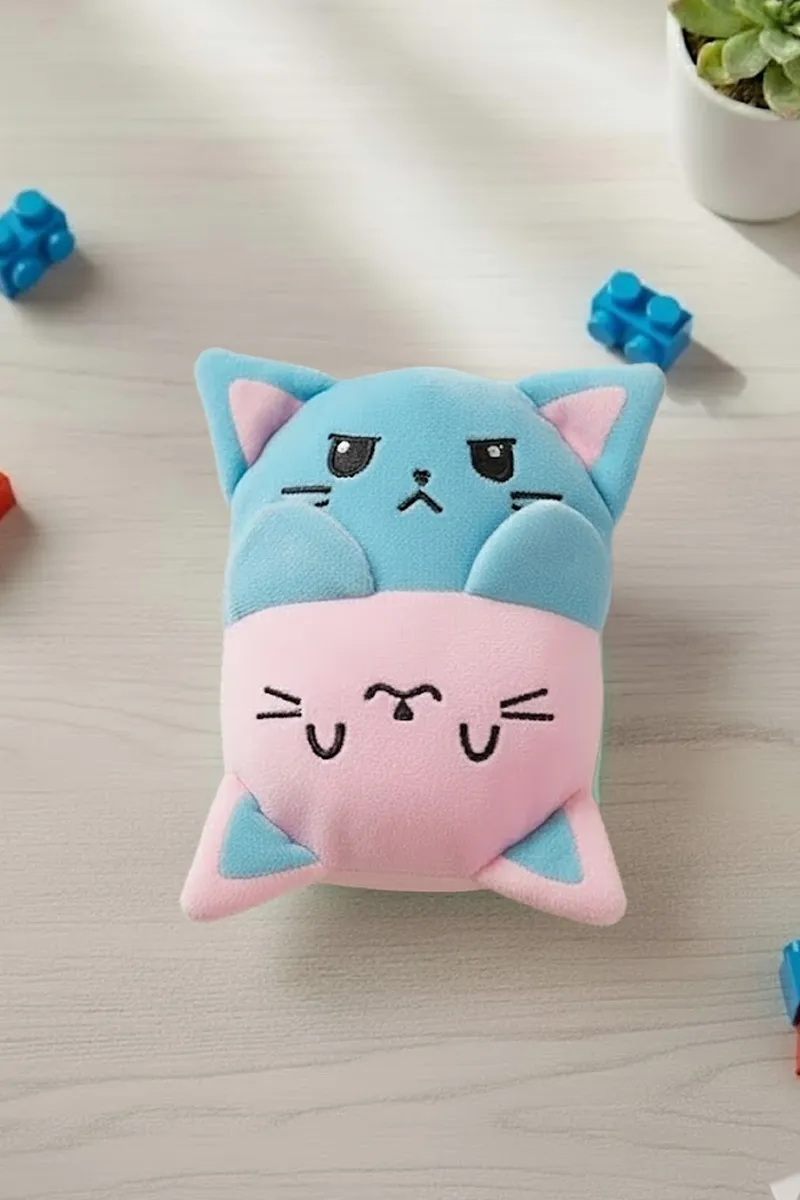 2 In 1 Teddy & Cat Reversible Stuffed Toy (Pink - Blue)