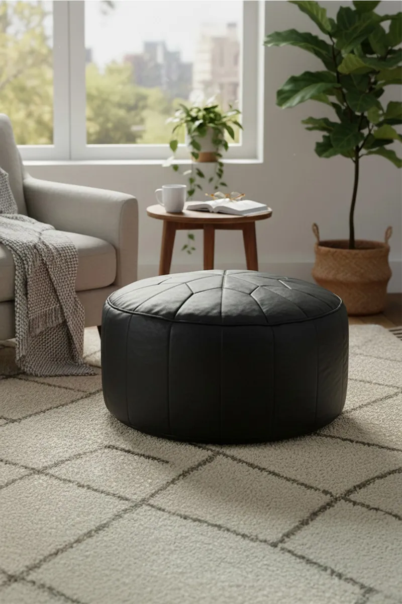 Couchette Round Pouffe Moroccan Bean Bag (Black) - 031906BLAMED