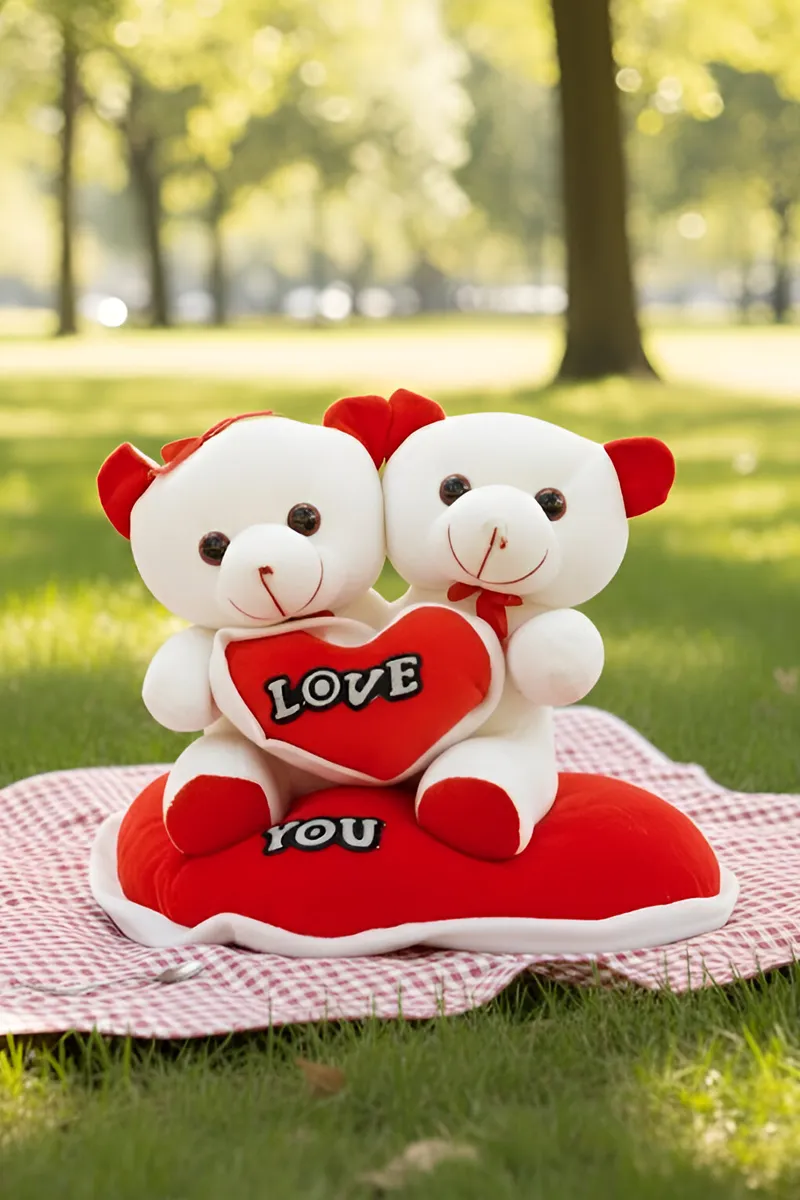 Couple Teddy Bear Soft Toy with Love Heart - (White - Red)