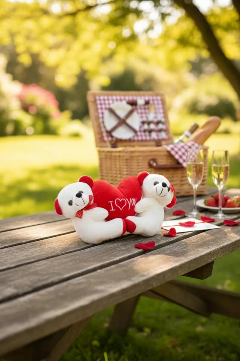 Couple Teddy Bears with Heart Cushion