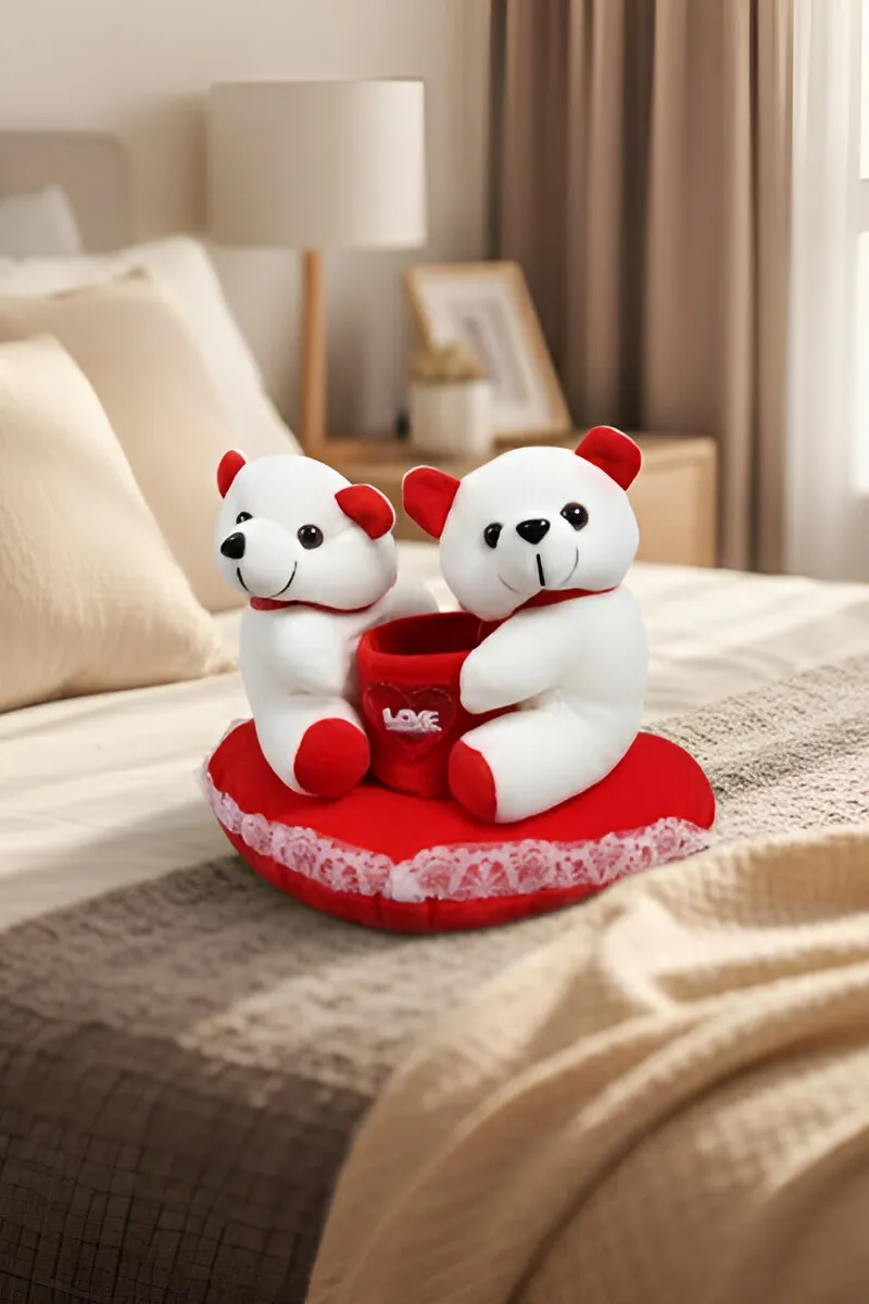 Cute Teddy Bear Couple with Heart Basket