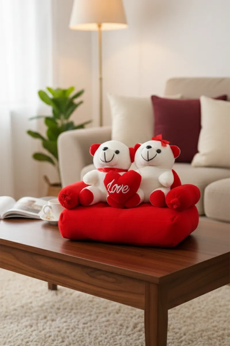 Couple Teddy Bears with Love Heart Cushion on Sofa