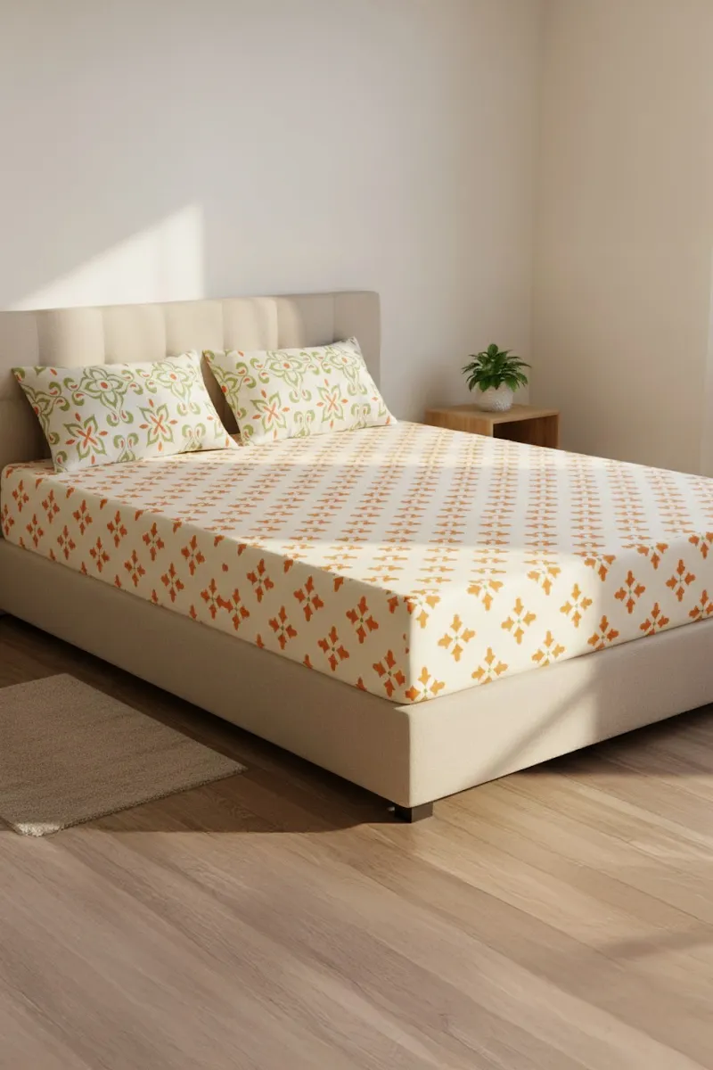 Cotton Blend Double Size Bedsheet with 2 Pillow Covers, Printed - Set of 3 032589DOUCRE