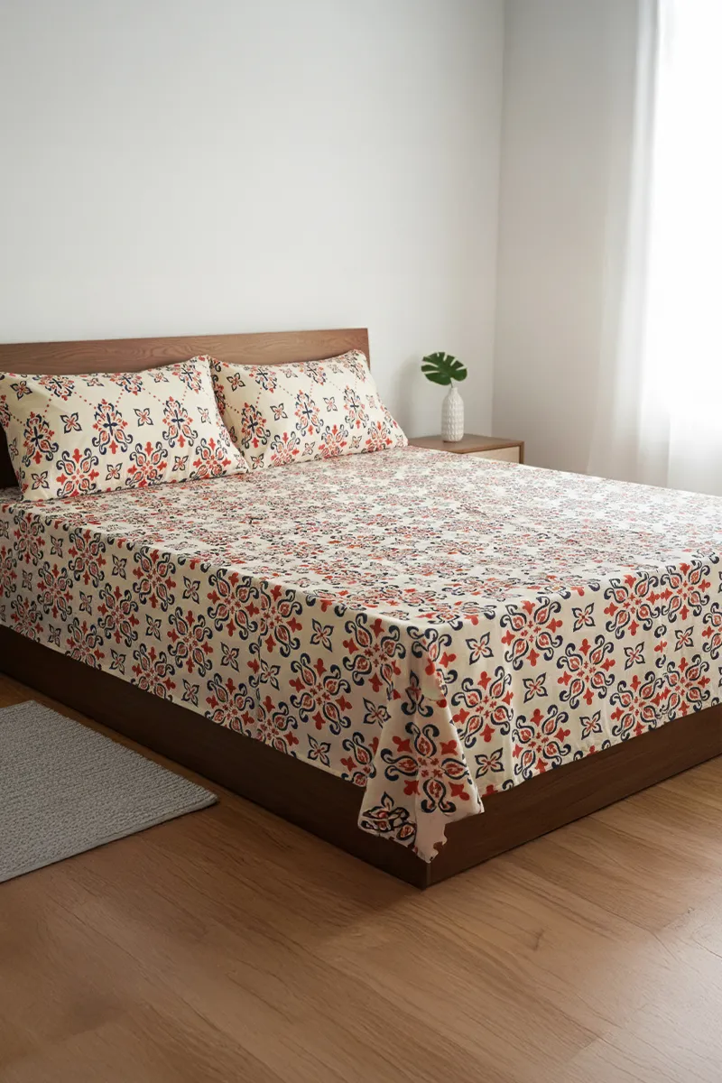 Cotton Blend Double Size Bedsheet with 2 Pillow Covers, Printed - Set of 3 032589DOUSAN