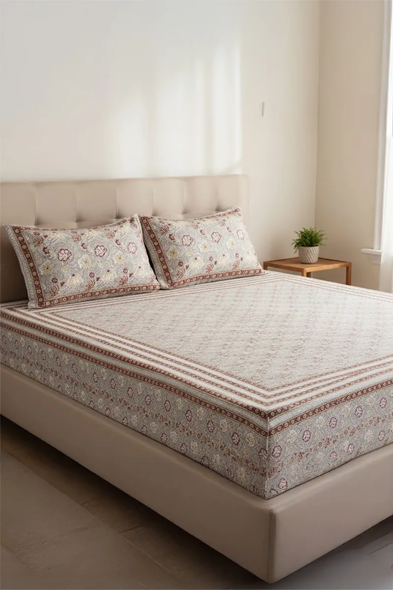 Cotton Blend Double Size Bedsheet with 2 Pillow Covers, Printed - Set of 3 032603DOUOLI