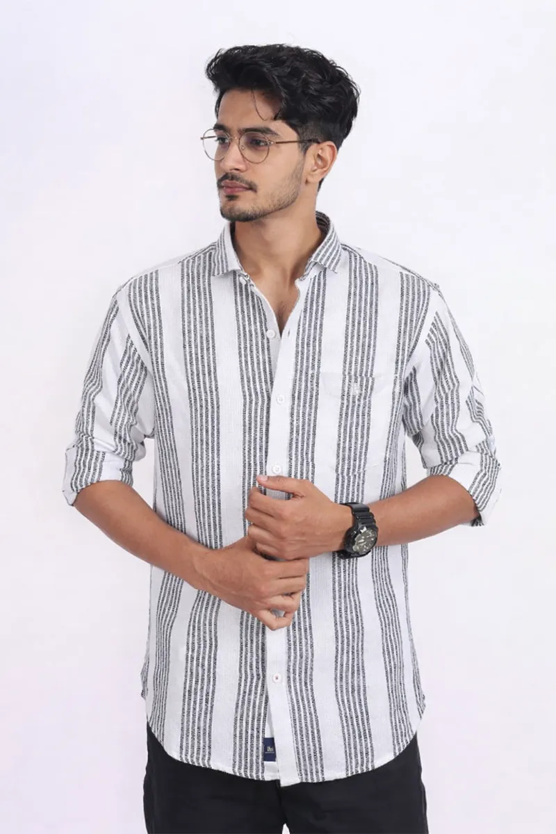Men's Textured Vertical Striped Shirt 032798OFFWHIXXL