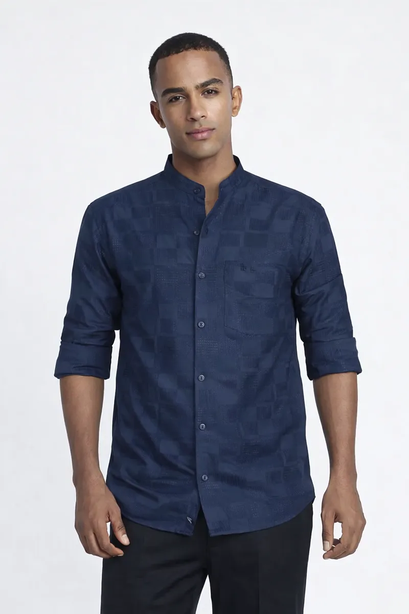 Men's Cotton Self Design Slim Fit Shirt 032914NAVBLUXXL