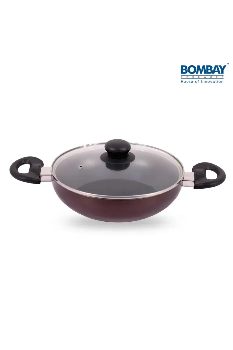 Bombay Kookware Aluminium Flat Base Kadai with Glass Lid - 2.25 Ltr