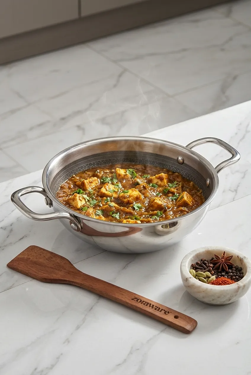 Zoraware Triply Honeycomb Flat Base Kadai with Ladle - 24 Cm/2400 ML