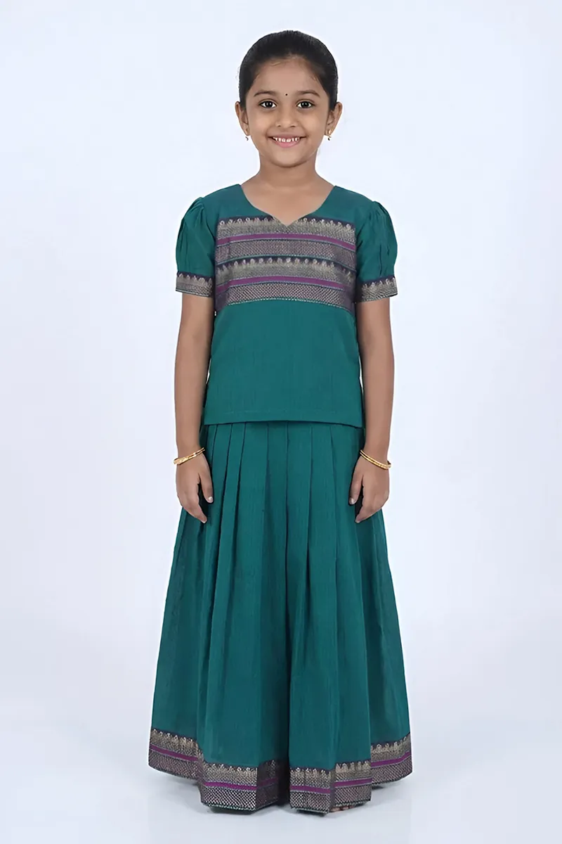 Pure Cotton Pattu Pavadai Set for Girls - Bottle Green 03348256YRSBOTGRE