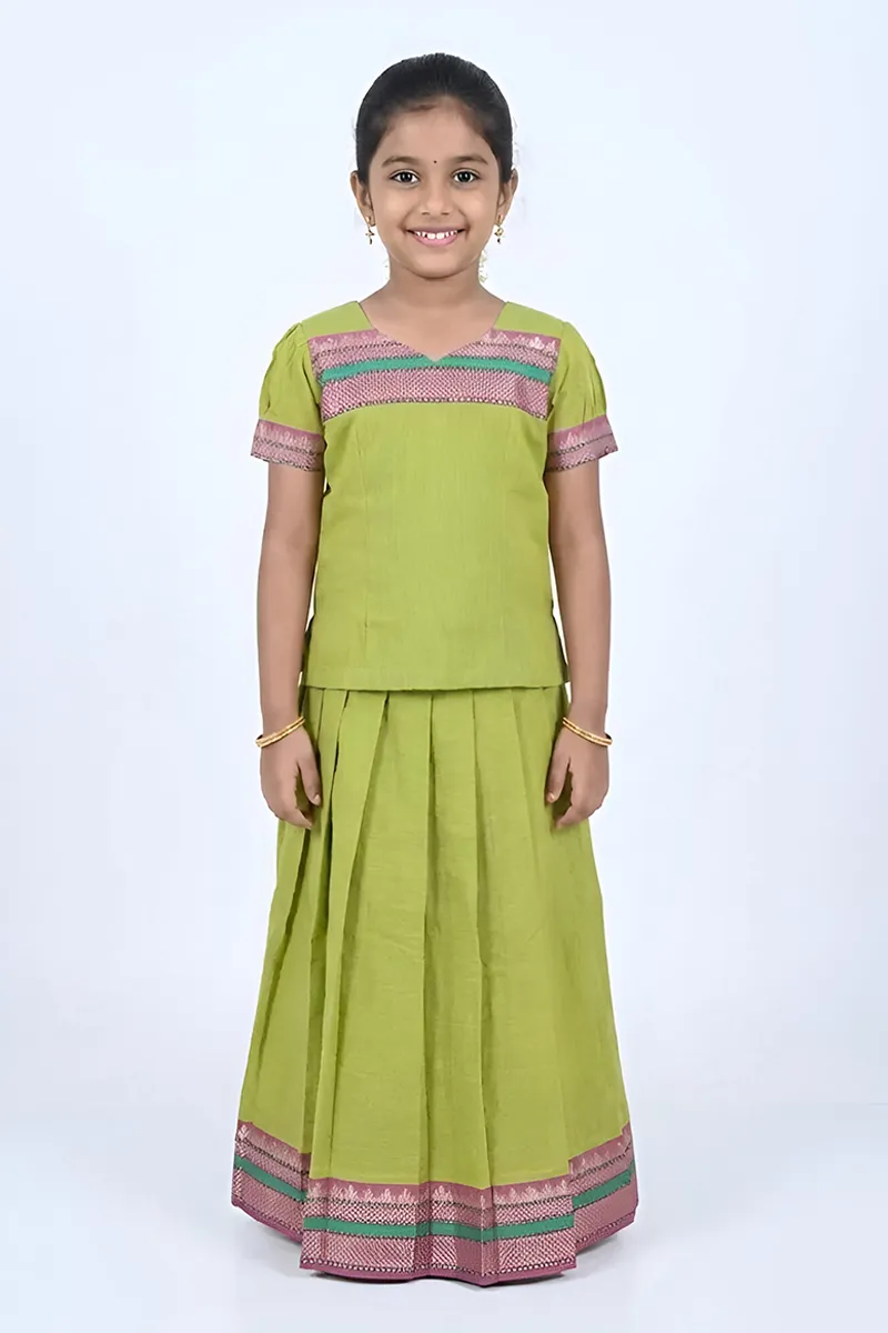Pure Cotton Pattu Pavadai Set for Girls - Green