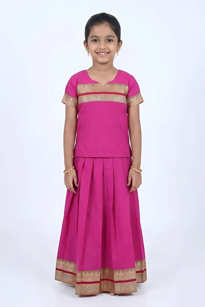 Pure Cotton Pattu Pavadai Set for Girls - Magenta 03348212YRSMAG