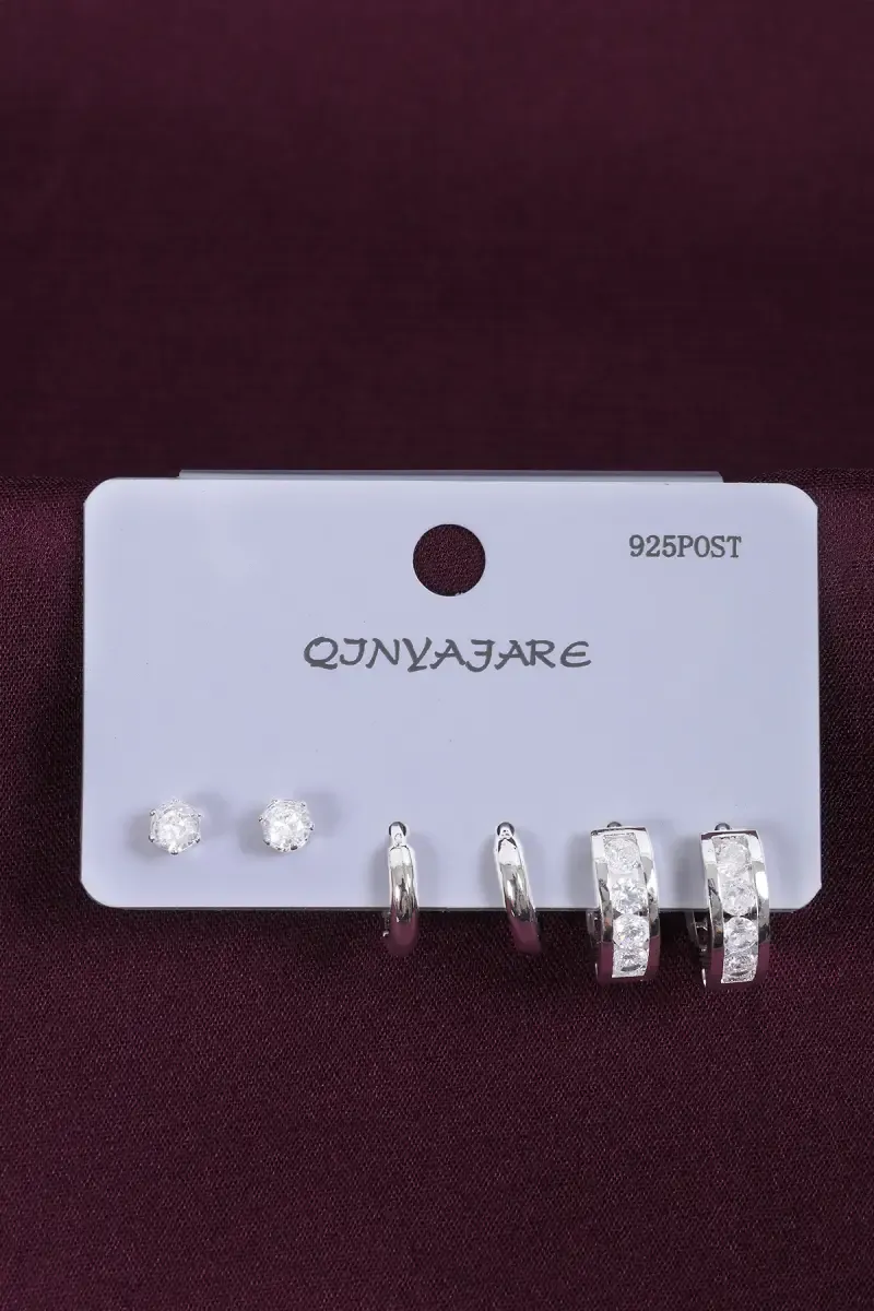 Silver Shine CZ Earrings Set for Women - Pack of 3