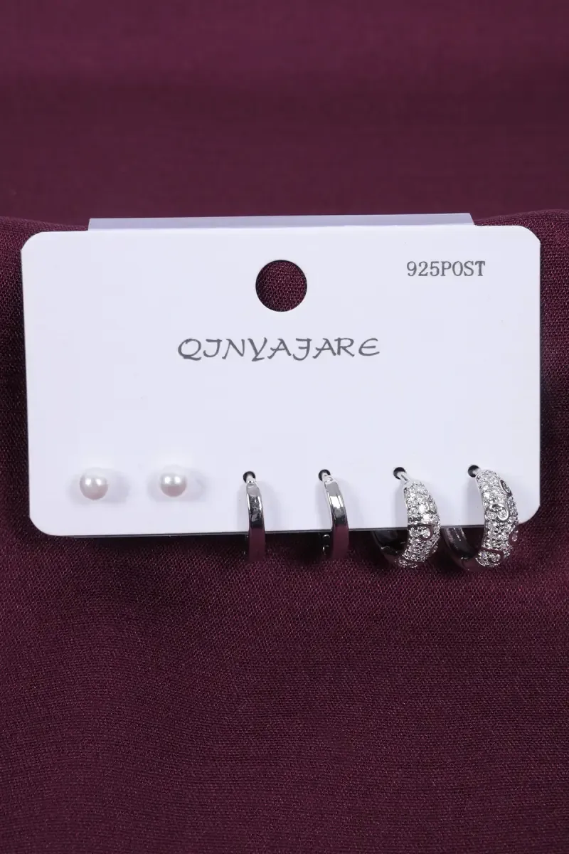 Silver Plated CZ Stud & Hoop Earrings Set Women - Pack of 3
