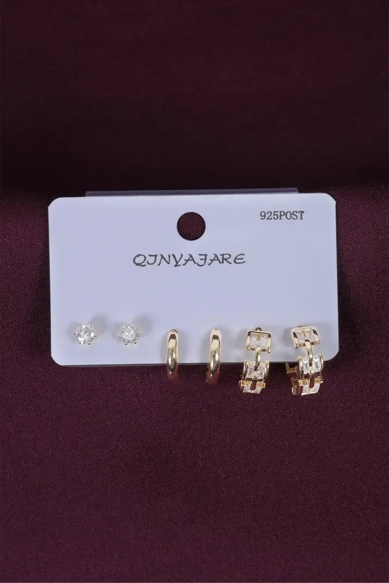 Gold Plated Stud & Hoop Earrings Set for Women - Pack of 3