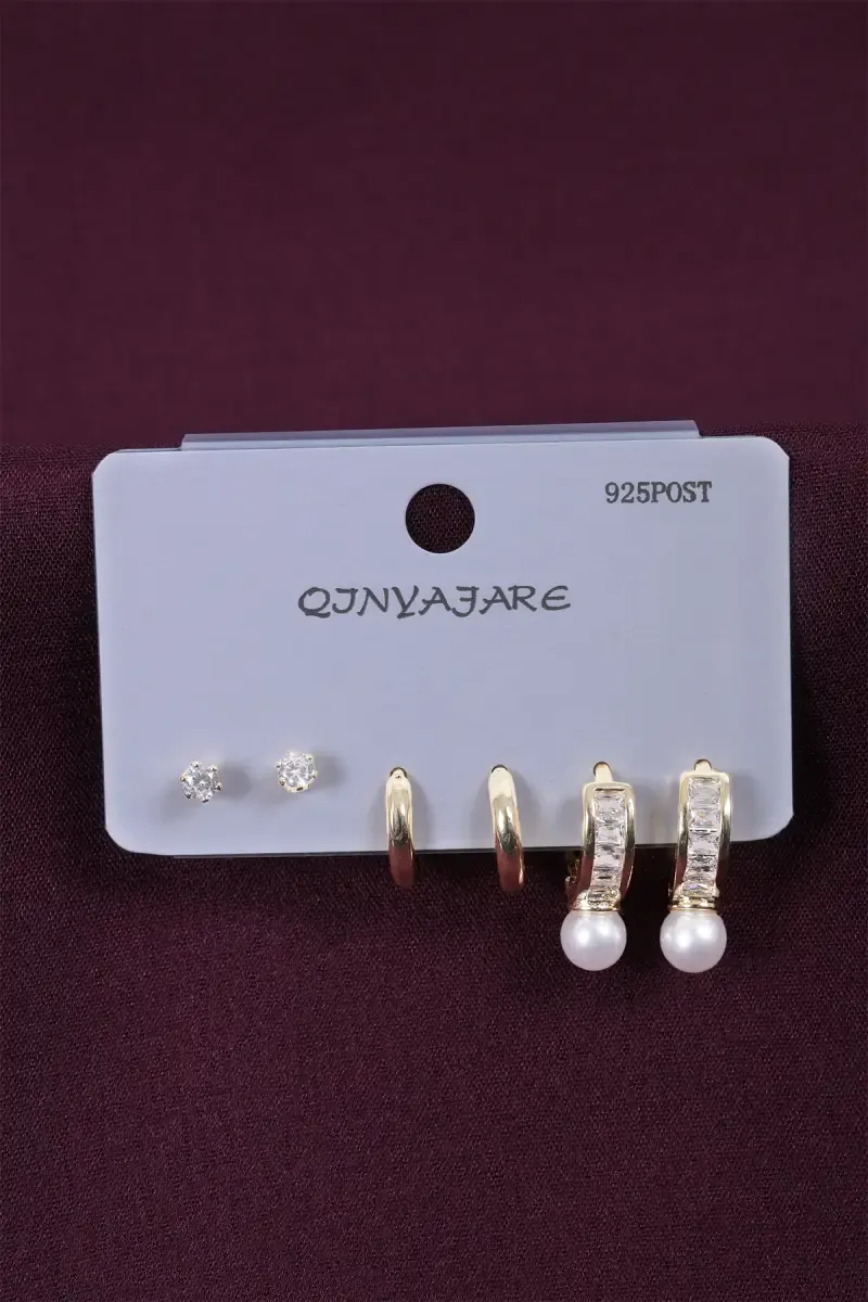 Gold Plated Stud & Hoop Earrings Set for Women - Pack of 3