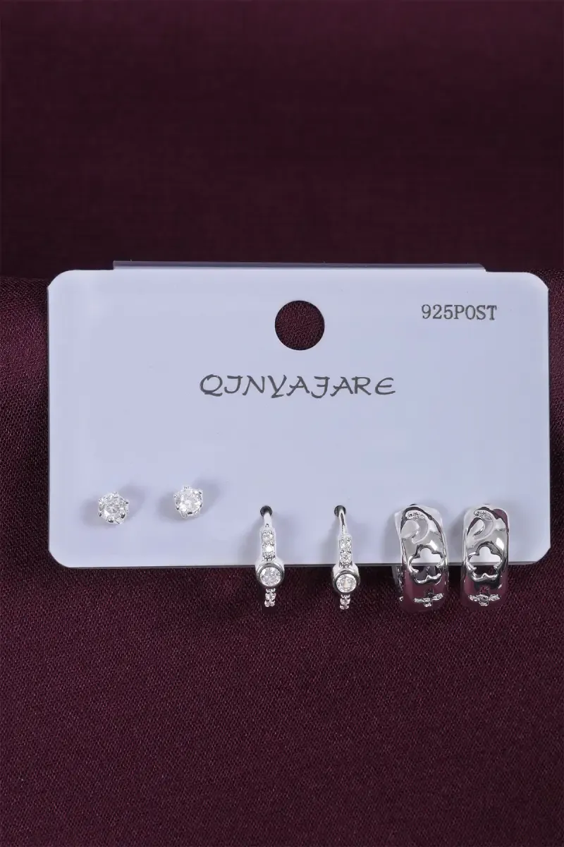 Elegant Silver Stud & Hoop Earrings Set for Women - Pack of 3