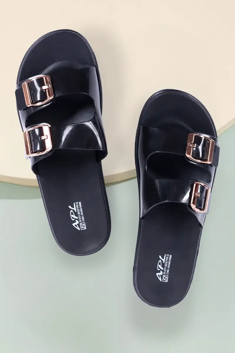 Glossy Double Buckle Slide Slippers for Women
