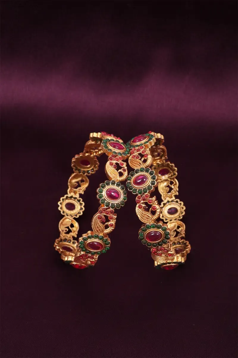 Matte Antique Floral & Peacock Kada Bangles for Women
