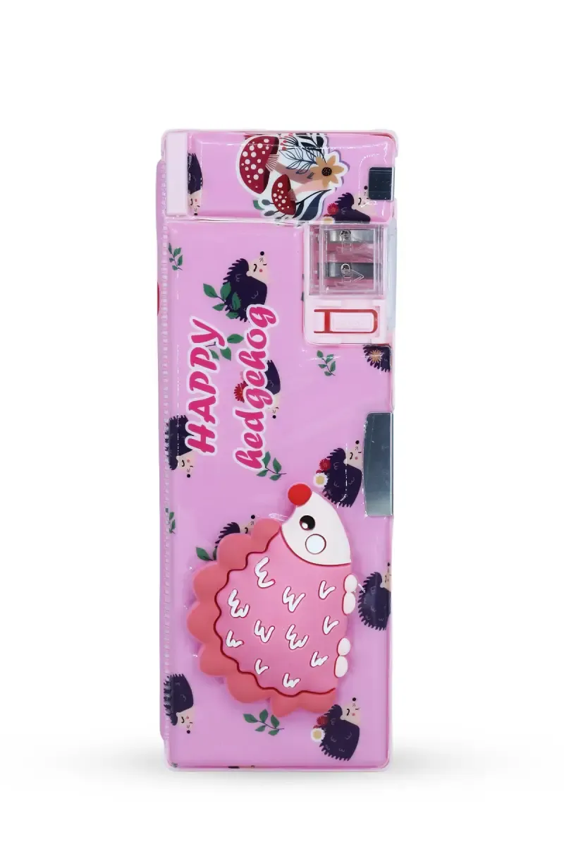  3D Hedgehog Printed Pencil Box with Sharpener (Pink)