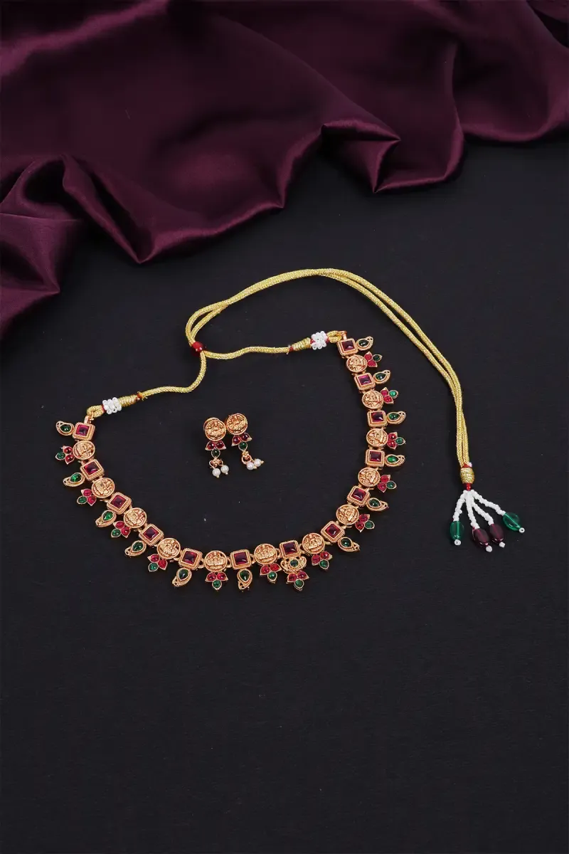 Matte Antique Finish Lakshmi with Floral Necklace Set for Women