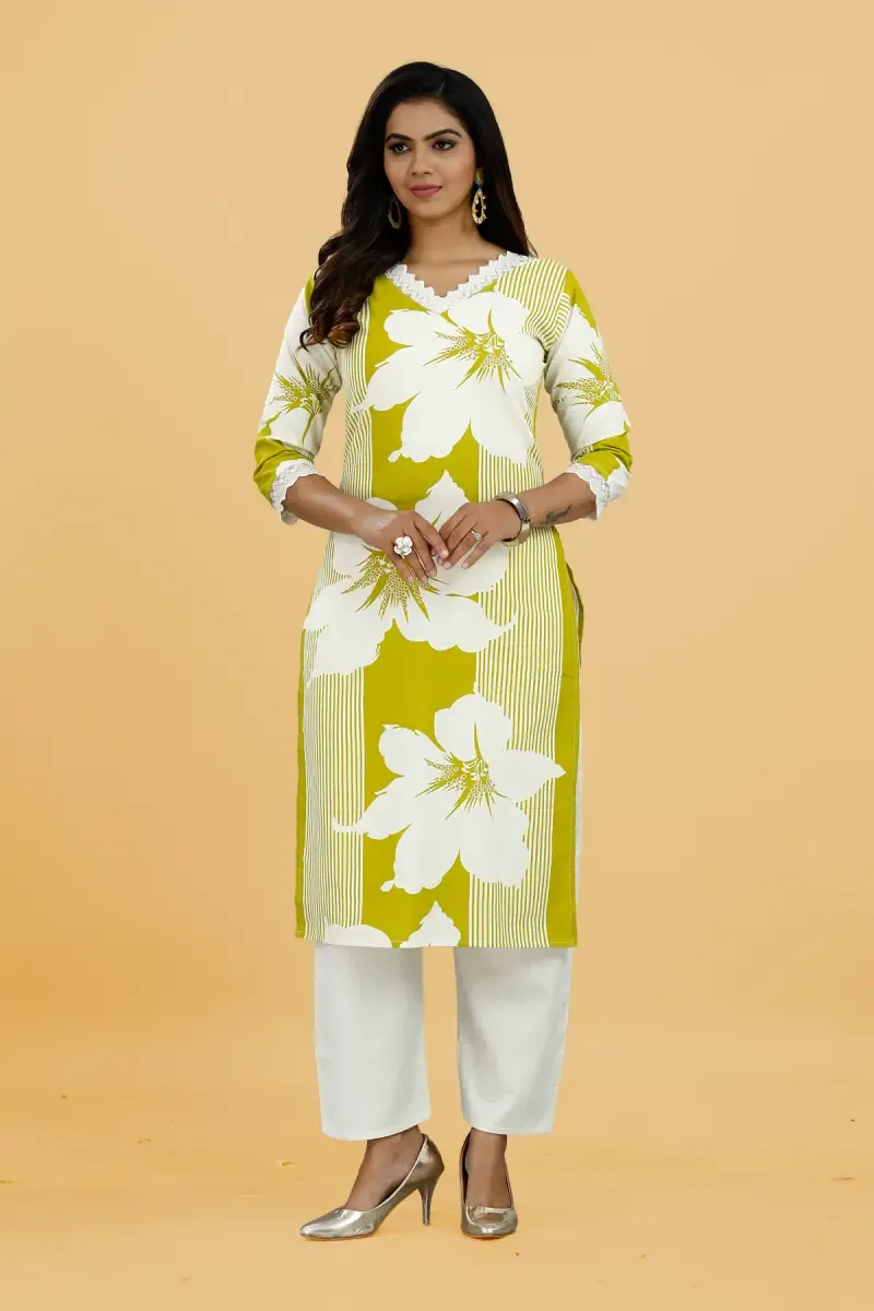 Cotton Floral Block Printed Lace Neck Kurti with Pant Set for Women 034153XLGRE