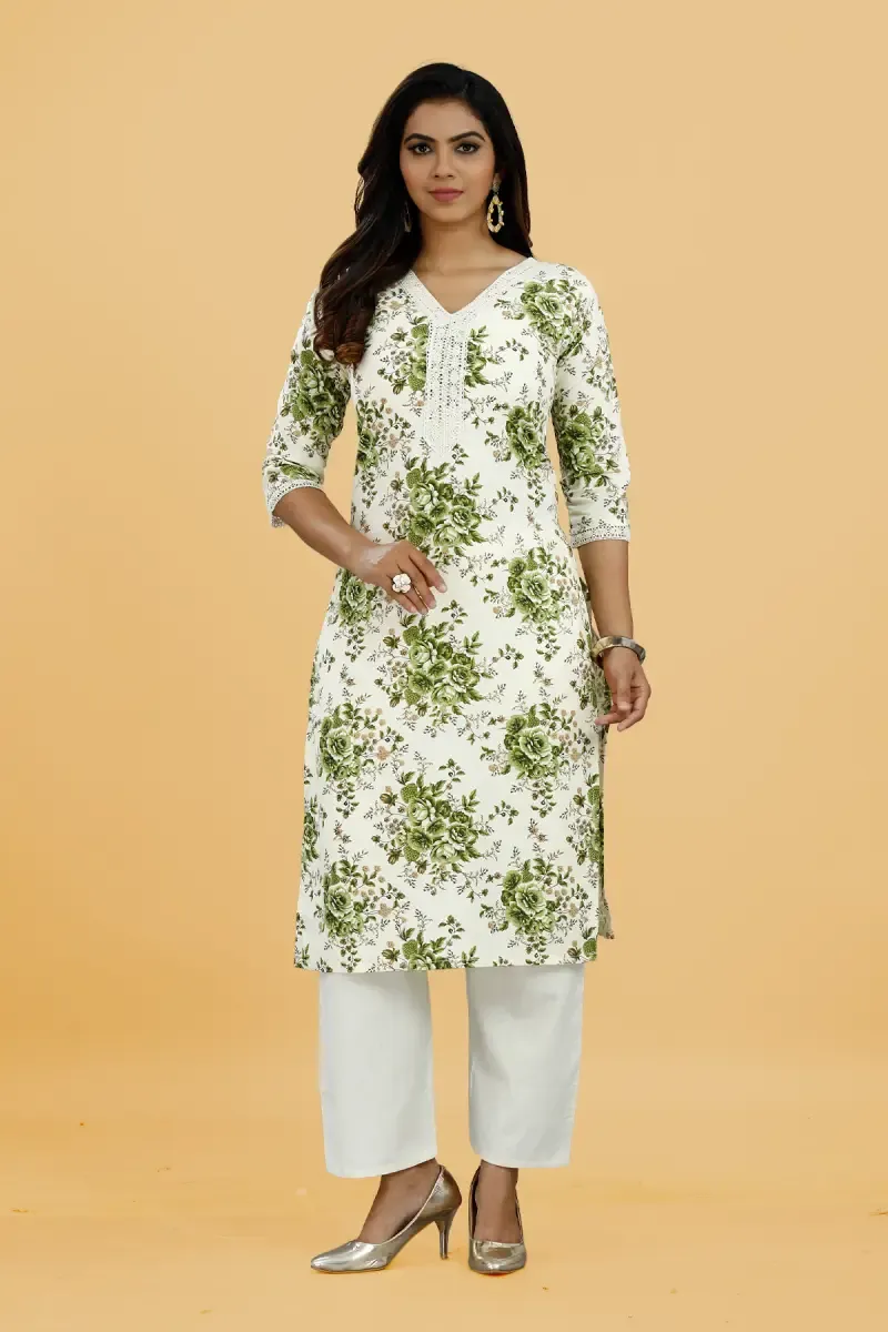 Cotton Floral Printed Lace Neck Kurti with Pant Set for Women 034155XLGRE