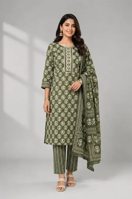 Cotton Printed Kurti with Pant & Dupatta Set for Women