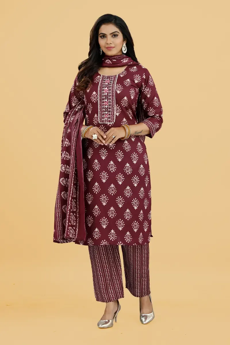 Cotton Printed Kurti with Pant & Dupatta Set for Women