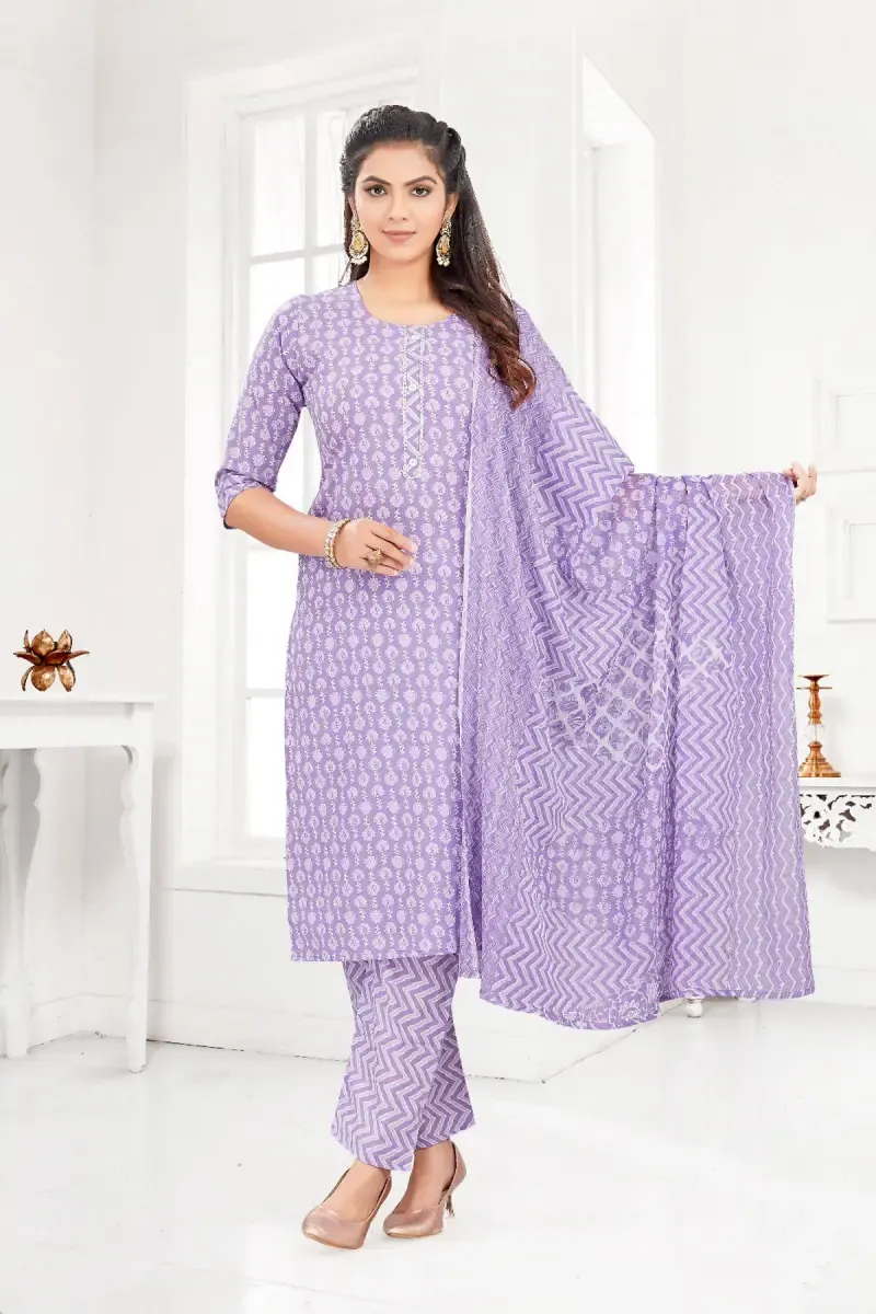Cotton Printed Kurti with Pant & Dupatta Set for Women