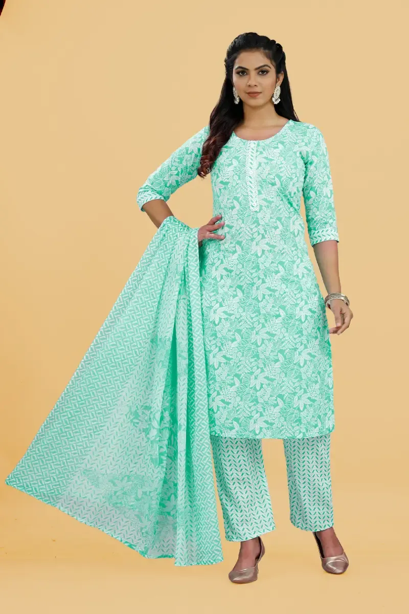 Cotton Printed Kurti with Pant & Dupatta Set for Women