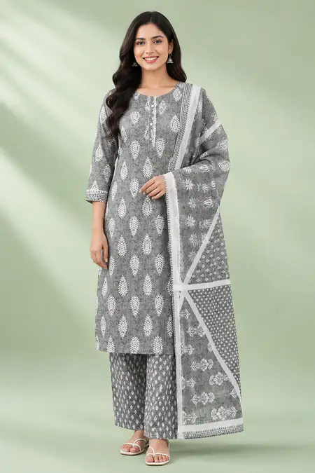 Cotton Printed Kurti with Pant & Dupatta Set for Women