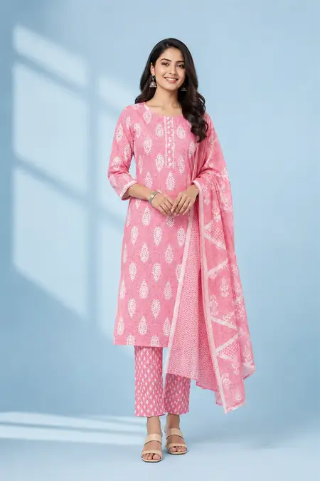 Cotton Printed Kurti with Pant & Dupatta Set for Women
