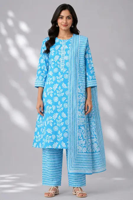 Cotton Botanical Printed Kurti with Pant & Dupatta Set for Women