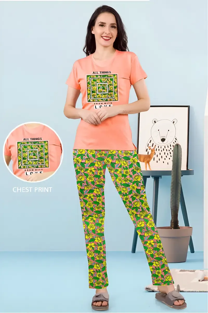 Cotton Printed T-Shirt with Pyjama Set for Women	 034282PEAM
