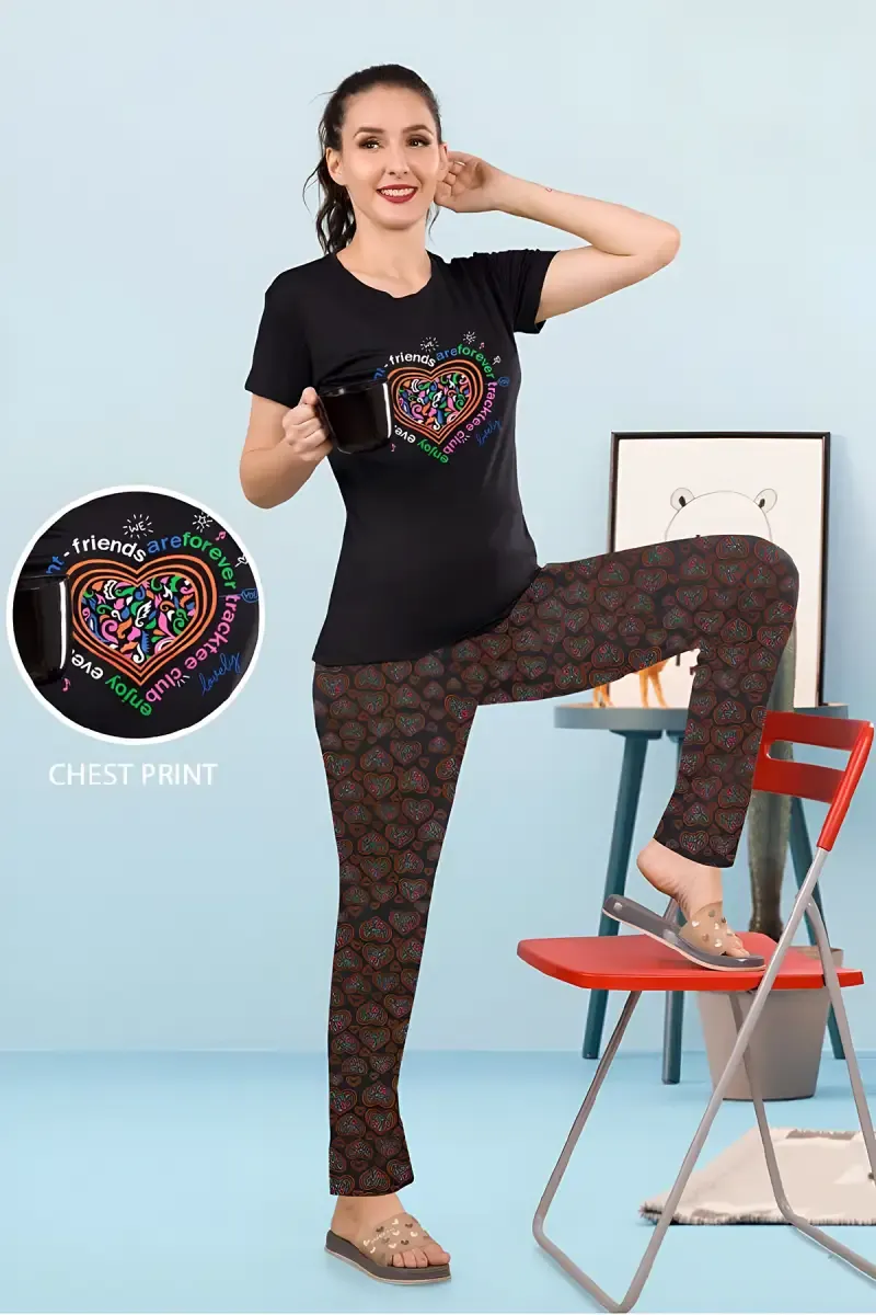 Cotton Printed T-Shirt with Pyjama Set for Women 034283BLAXL