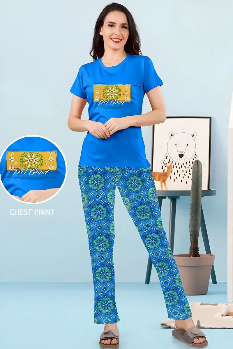Cotton Printed T-Shirt with Pyjama Set for Women 034284BLUM