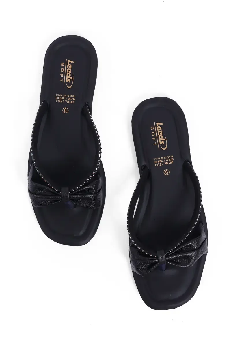 Bow & Rhinestone Strap Flat Sandals for Women 0343077BLA