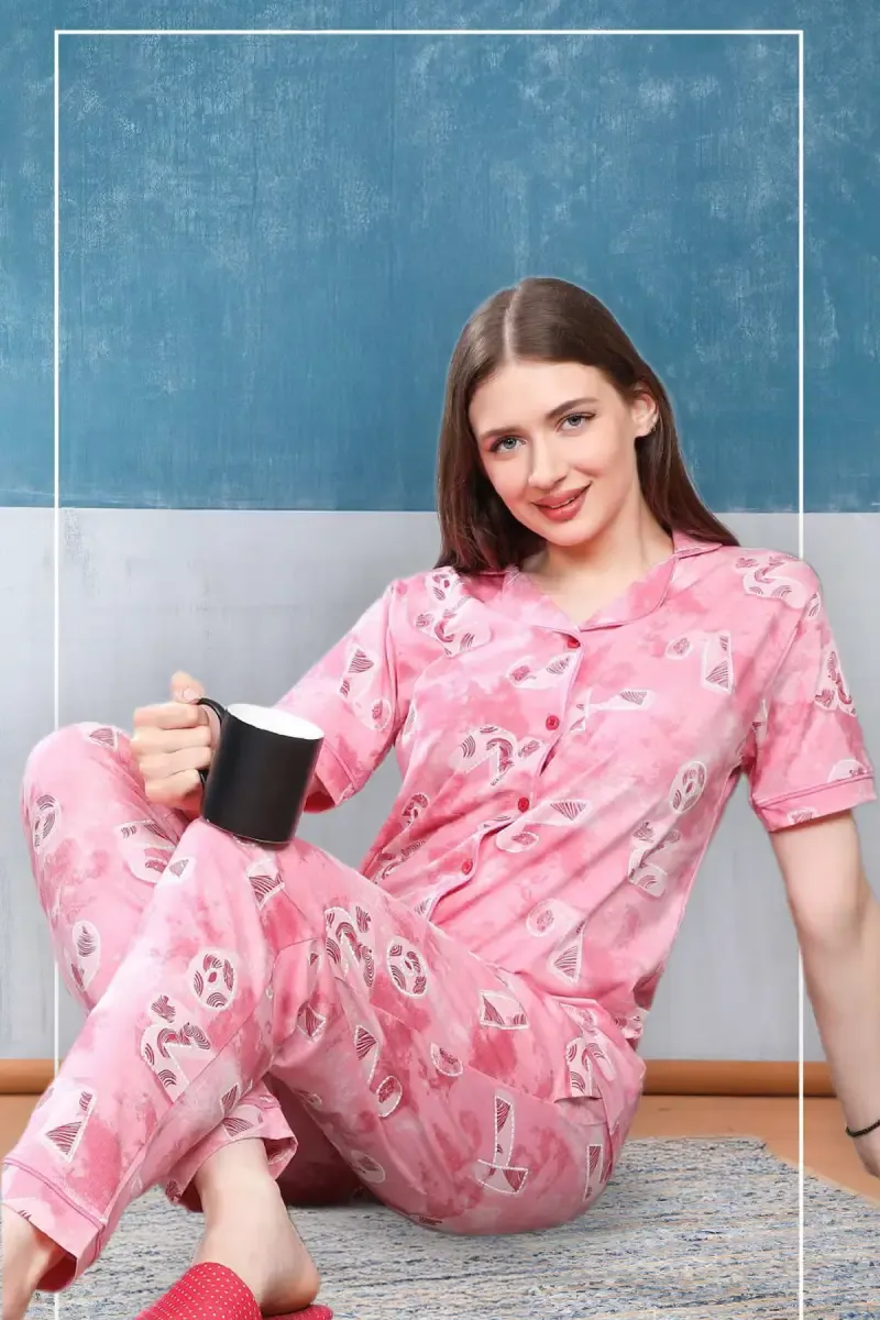 Cotton Printed Shirt with Pyjama for Women 034449PINL
