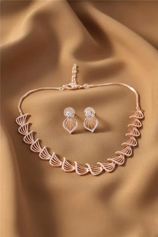 Rose Gold Fan Design AD Necklace Set 0345461ROSGOL18INC