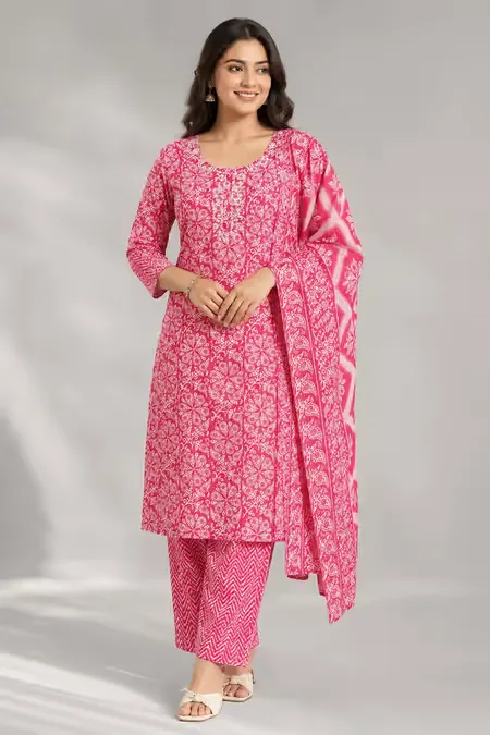 Cotton Printed Kurti with Pant & Dupatta Set for Women