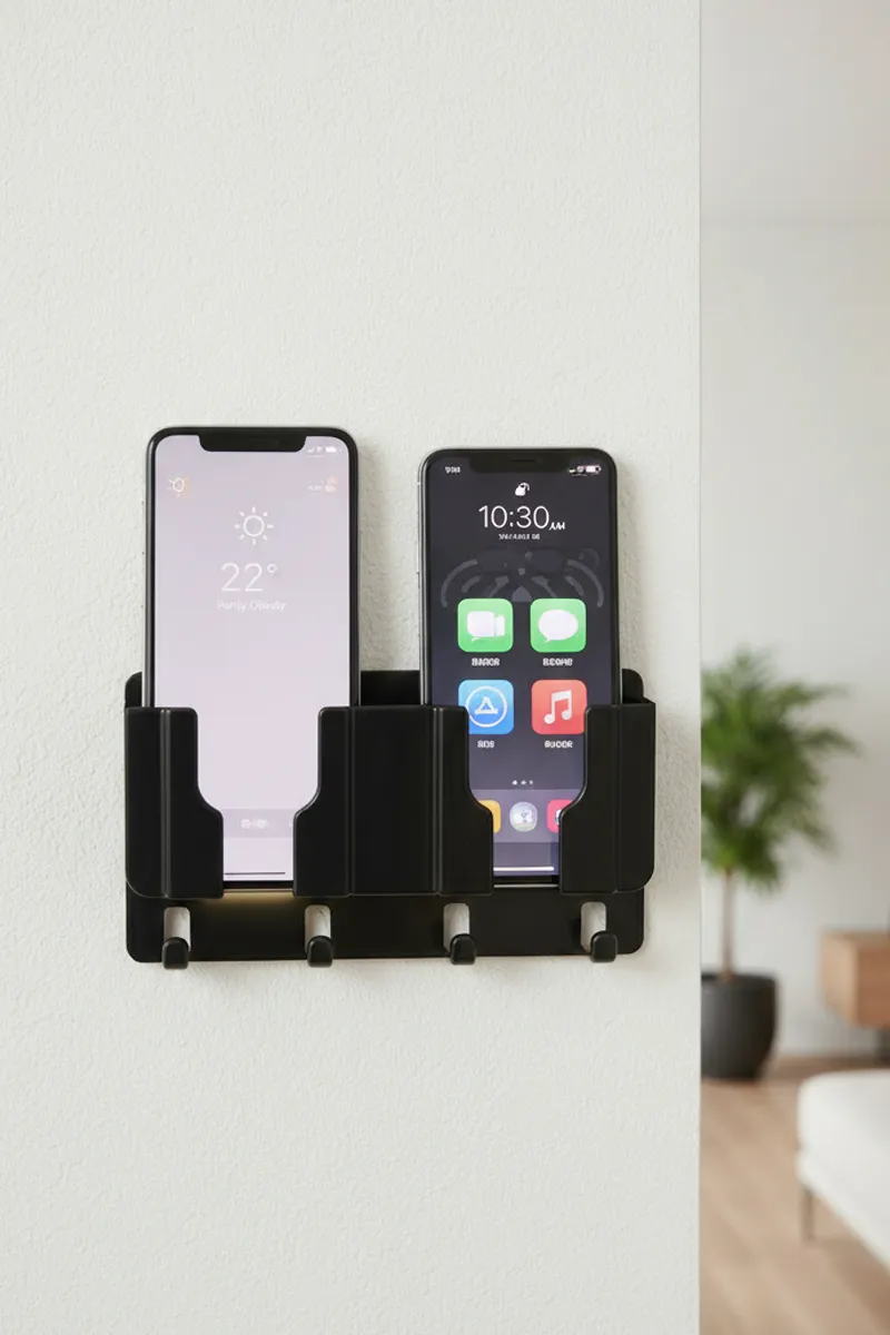 Plastic 2 in 1 Self Adhesive Multipurpose Wall Mounted Mobile Stand with Key Hanger (Black)