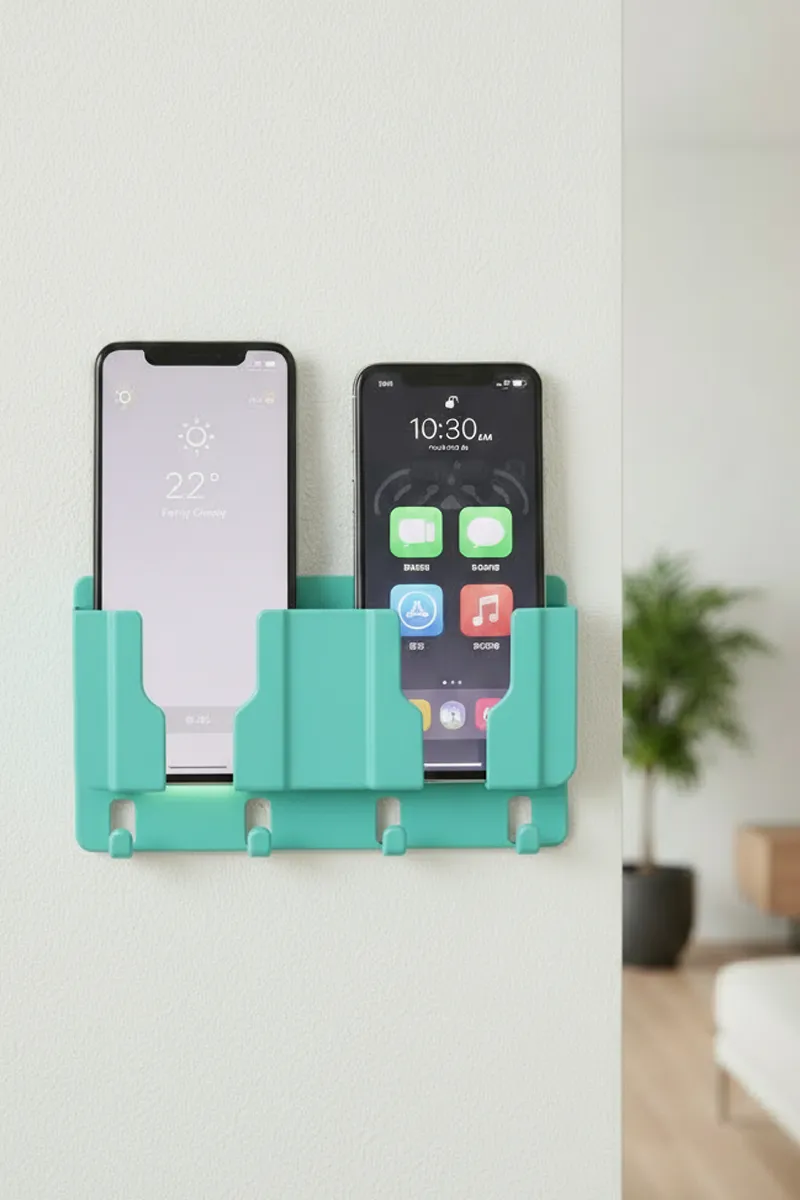 Plastic 2 in 1 Self Adhesive Multipurpose Wall Mounted Mobile Stand with Key Hanger (Green)