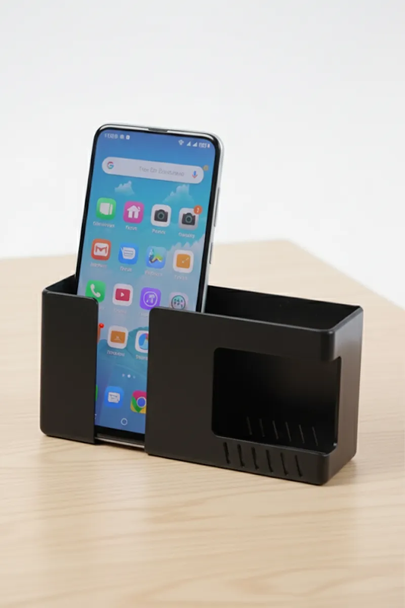 Plastic Self Adhesive Multipurpose Wall Mounted Mobile Stand (Black)