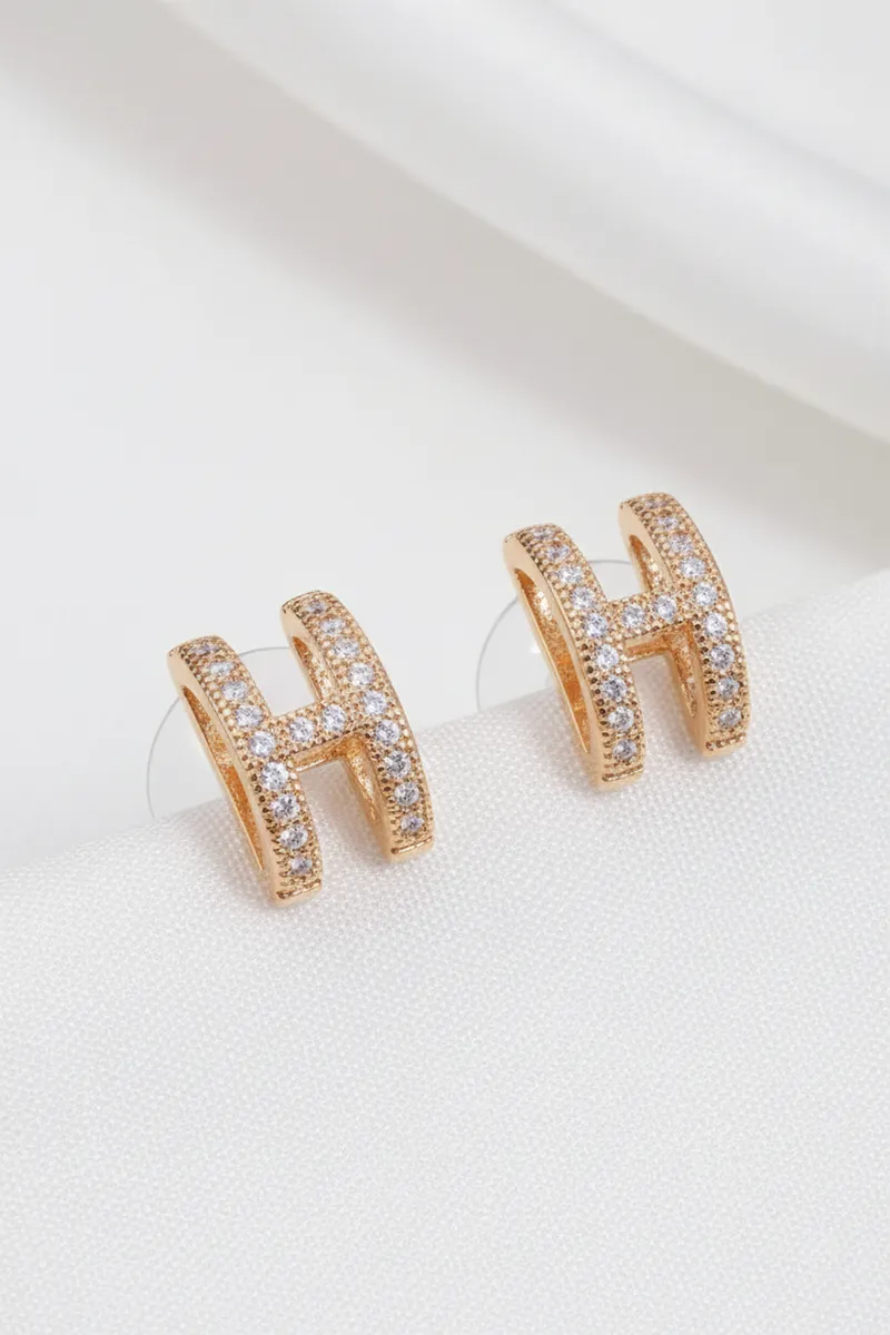 Gold H Initial CZ Stud Earrings for Women